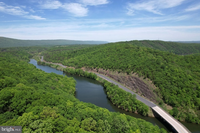 bird's eye view of a heavily wooded area and a water and mountain view