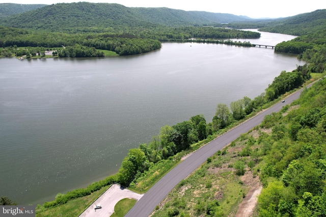 aerial view of a water and mountain view and a heavily wooded area