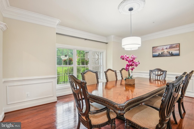 13330 Darnestown Rd, Darnestown, MD 20878 - dining room with ornamental molding, hardwood / wood-style flooring, wainscoting, and a decorative wall