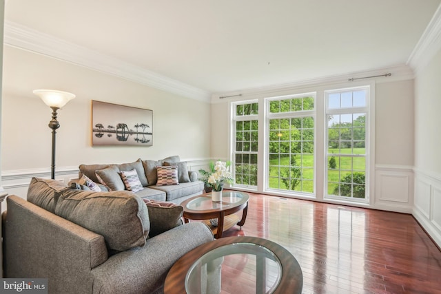 13330 Darnestown Rd, Darnestown, MD 20878 - living room with ornamental molding, wainscoting, wood-type flooring, and a decorative wall
