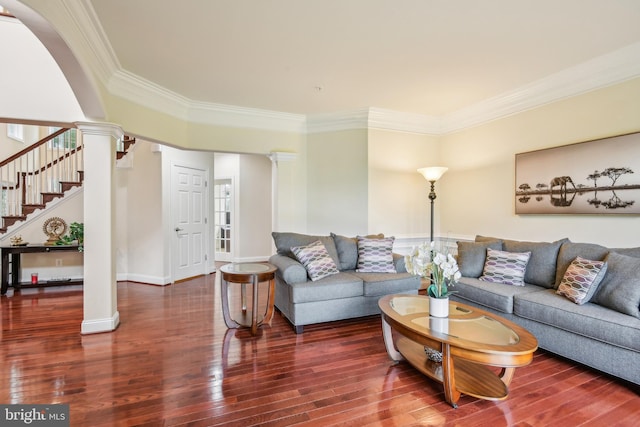 13330 Darnestown Rd, Darnestown, MD 20878 - living room with ornate columns, ornamental molding, wood finished floors, stairway, and baseboards