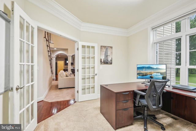 13330 Darnestown Rd, Darnestown, MD 20878 - home office with french doors, crown molding, arched walkways, carpet flooring, and baseboards