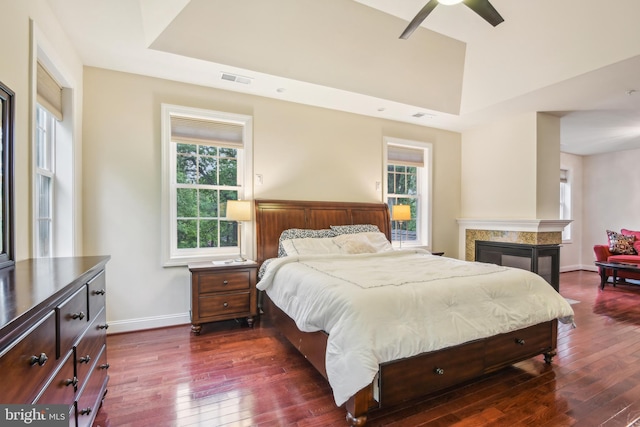 13330 Darnestown Rd, Darnestown, MD 20878 - bedroom featuring multiple windows, dark wood-type flooring, baseboards, and a multi sided fireplace