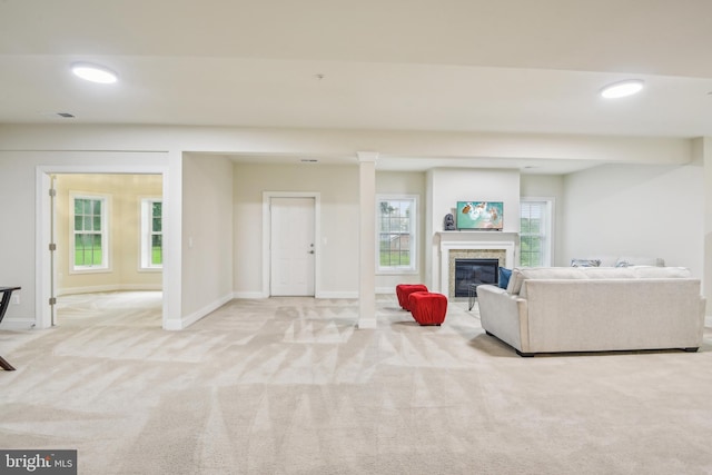 13330 Darnestown Rd, Darnestown, MD 20878 - living area featuring carpet flooring, baseboards, healthy amount of natural light, a high end fireplace, and recessed lighting