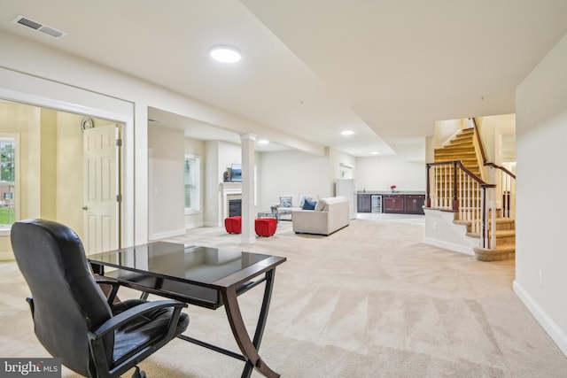 13330 Darnestown Rd, Darnestown, MD 20878 - office with a glass covered fireplace, light colored carpet, recessed lighting, and baseboards