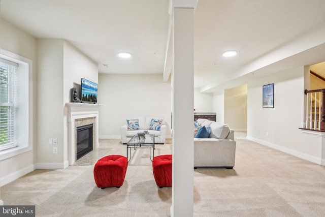 13330 Darnestown Rd, Darnestown, MD 20878 - living area with carpet flooring, a glass covered fireplace, plenty of natural light, and recessed lighting