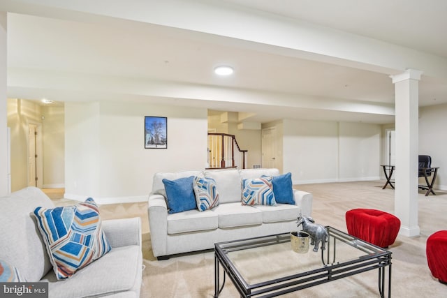 13330 Darnestown Rd, Darnestown, MD 20878 - living room with light carpet, baseboards, recessed lighting, and decorative columns