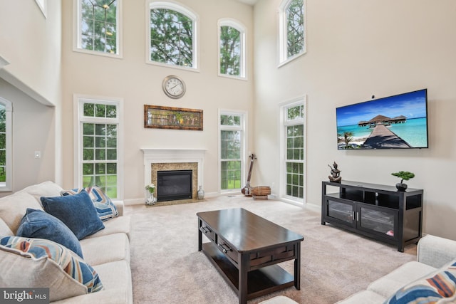 13330 Darnestown Rd, Darnestown, MD 20878 - living room featuring a towering ceiling, carpet floors, baseboards, and a high end fireplace