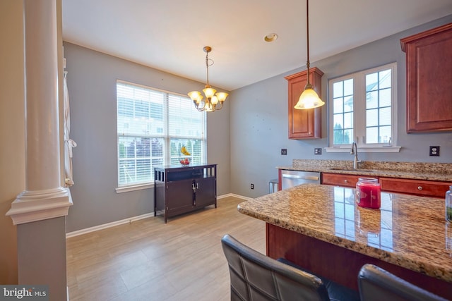 251 Starboard Way, Mount Laurel, NJ 08054 - kitchen featuring a sink, dishwasher, a chandelier, decorative light fixtures, and a breakfast bar area