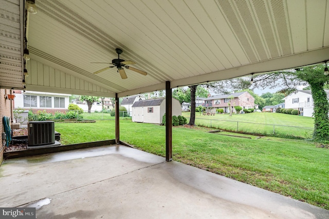 9005 Fieldchat Rd, Baltimore, MD 21236 - view of patio featuring central air condition unit, a ceiling fan, an outdoor structure, a residential view, and a shed