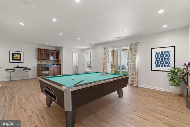 42189 Shorecrest Ter, Aldie, VA 20105 - rec room with baseboards, beverage cooler, light wood finished floors, recessed lighting, and billiards table