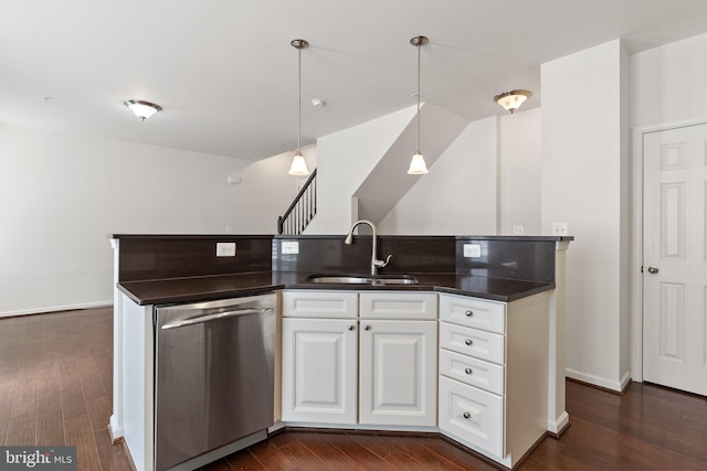 42189 Shorecrest Ter, Aldie, VA 20105 - kitchen featuring dishwasher, a sink, dark countertops, and dark wood-type flooring
