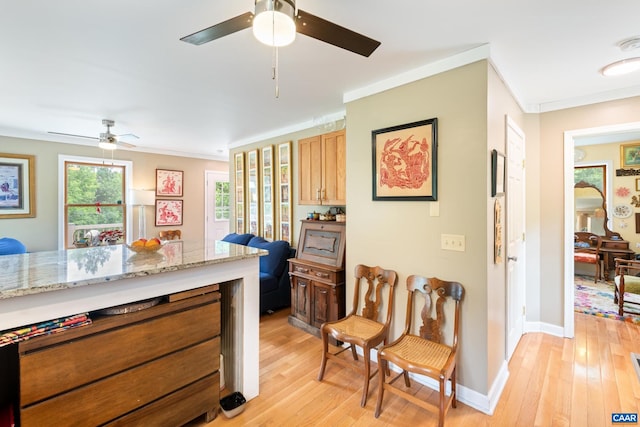686 Snow Mountain Rd, Stanardsville, VA 22973 - kitchen with ceiling fan, light wood-type flooring, baseboards, crown molding, and light stone counters