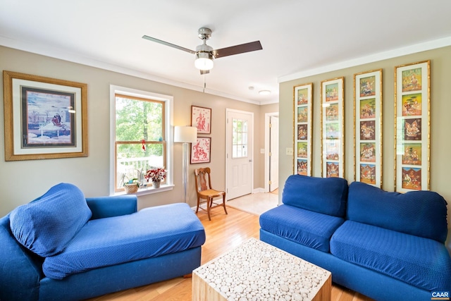 686 Snow Mountain Rd, Stanardsville, VA 22973 - living room with ceiling fan, light wood finished floors, and crown molding