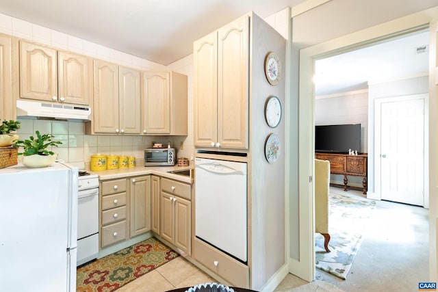 686 Snow Mountain Rd, Stanardsville, VA 22973 - kitchen featuring under cabinet range hood, white appliances, light countertops, and decorative backsplash