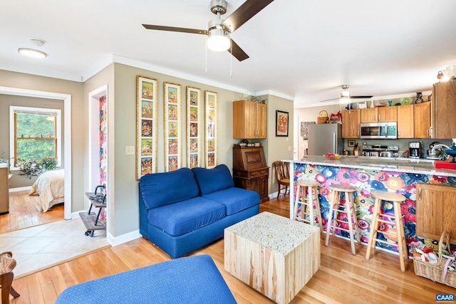 686 Snow Mountain Rd, Stanardsville, VA 22973 - living room featuring ceiling fan, light wood-style flooring, ornamental molding, and baseboards
