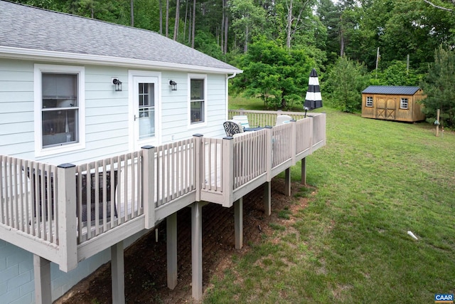 686 Snow Mountain Rd, Stanardsville, VA 22973 - wooden terrace featuring a storage shed, an outbuilding, a yard, and a wooded view