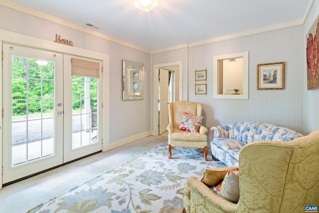 686 Snow Mountain Rd, Stanardsville, VA 22973 - living area with french doors, ornamental molding, carpet flooring, and baseboards