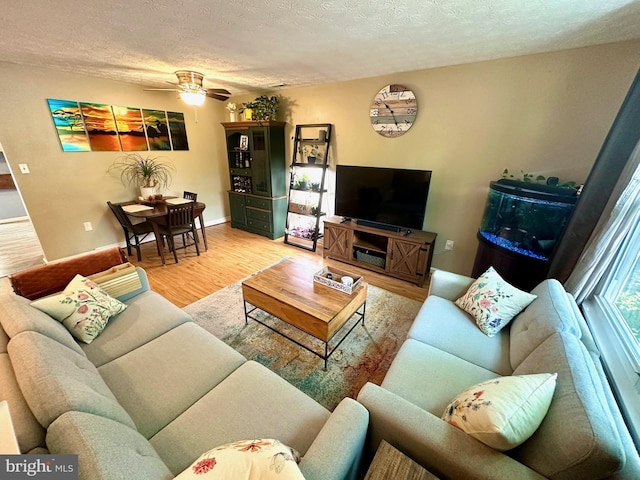 18628 Winding Creek Pl, Germantown, MD 20874 - living room featuring wood finished floors, a textured ceiling, ceiling fan, and baseboards