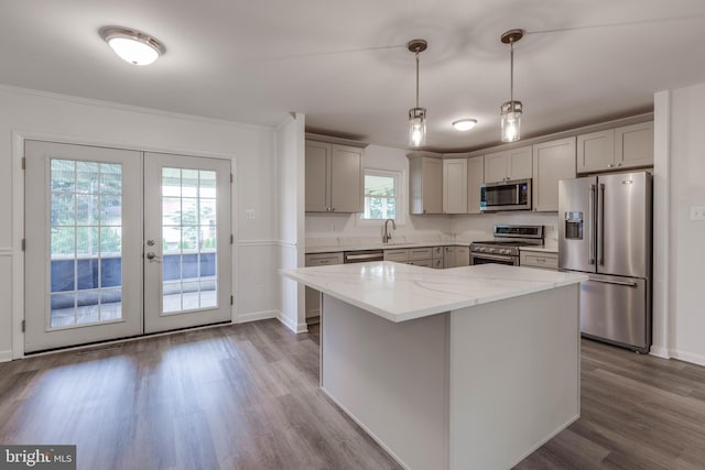 2103 Cameron Ct, Bel Air, MD 21015 - kitchen featuring appliances with stainless steel finishes, a sink, gray cabinetry, light stone countertops, and french doors