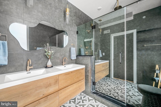2201 E Somerset St Unit B3Upper, Philadelphia, PA 19134 - full bath featuring tile walls, a shower stall, double vanity, and tile patterned floors