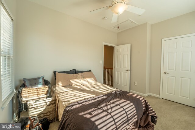 bedroom with carpet, attic access, and a ceiling fan