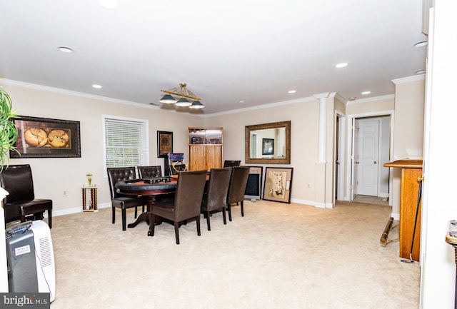 1765 Stone Dr, Huntingtown, MD 20639 - dining area featuring light carpet, ornate columns, baseboards, recessed lighting, and ornamental molding