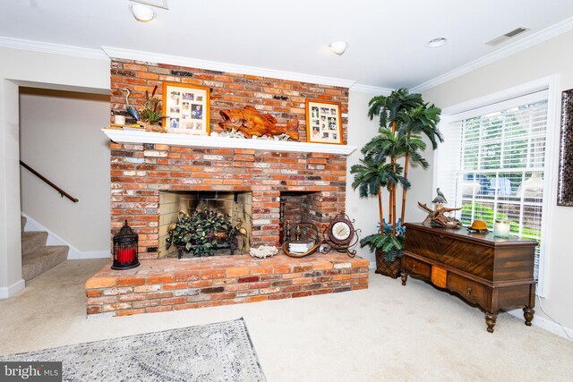 1765 Stone Dr, Huntingtown, MD 20639 - carpeted living area featuring stairway, crown molding, a fireplace, and recessed lighting