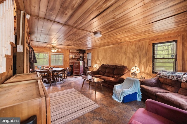 1939 Old Reading Rd Lot 67, 95, Catawissa, PA 17820 - living room featuring a wood stove, wooden ceiling, plenty of natural light, wood walls, and a ceiling fan