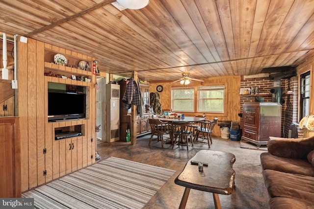 1939 Old Reading Rd Lot 67, 95, Catawissa, PA 17820 - living room with wood ceiling, a wood stove, a ceiling fan, and wood walls