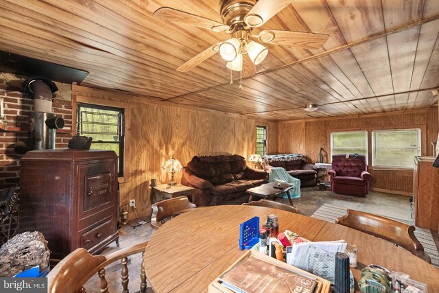 1939 Old Reading Rd Lot 67, 95, Catawissa, PA 17820 - dining space featuring wooden ceiling, plenty of natural light, a wood stove, a ceiling fan, and wood walls