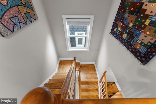 stairway with baseboards and wood finished floors