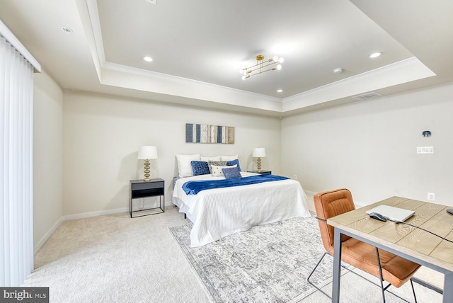 bedroom featuring a raised ceiling, crown molding, carpet flooring, baseboards, and recessed lighting