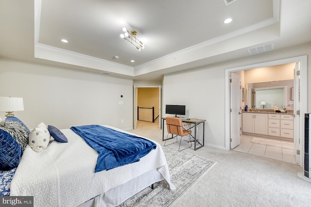 bedroom with a raised ceiling, ornamental molding, light carpet, baseboards, and recessed lighting