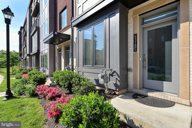 entrance to property featuring brick siding