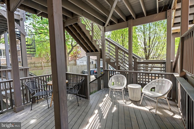 deck with stairway and a fenced backyard