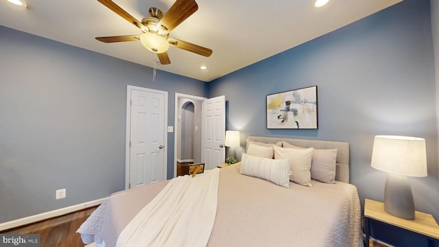 724 Overbrook Rd, Baltimore, MD 21212 - bedroom with wood finished floors, baseboards, recessed lighting, and a ceiling fan