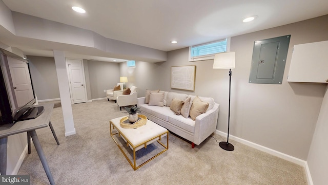 724 Overbrook Rd, Baltimore, MD 21212 - living room featuring electric panel, light carpet, baseboards, and recessed lighting
