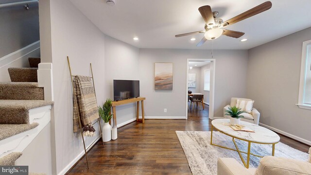 724 Overbrook Rd, Baltimore, MD 21212 - living area featuring wood finished floors, ceiling fan, stairs, recessed lighting, and baseboards