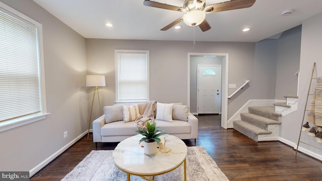 724 Overbrook Rd, Baltimore, MD 21212 - living area featuring stairs, a ceiling fan, dark wood-style floors, baseboards, and recessed lighting
