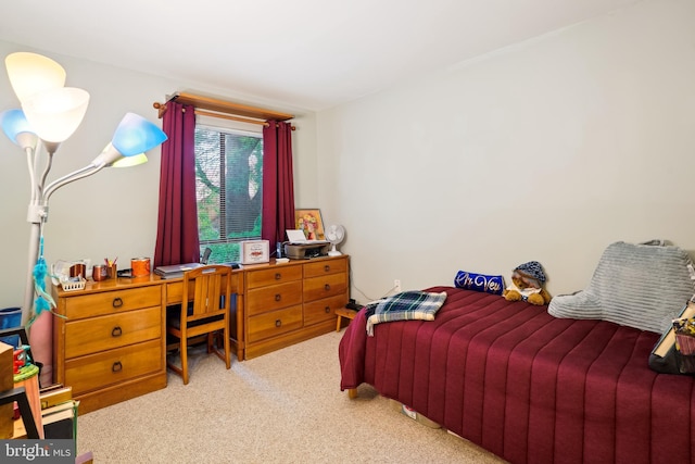 carpeted bedroom with an office area