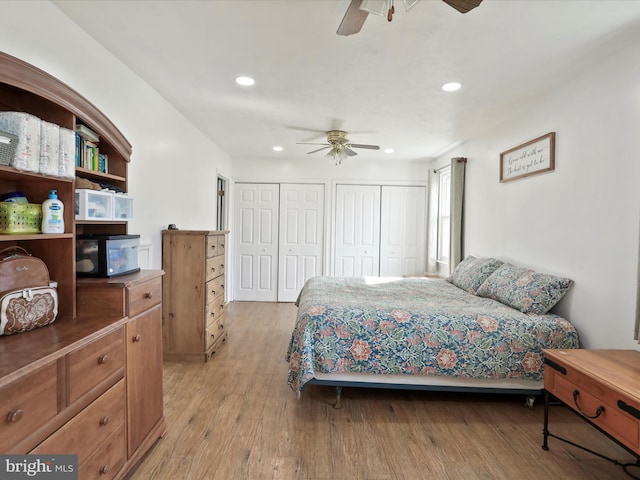 55 Powell Ln, Front Royal, VA 22630 - bedroom featuring multiple closets, light wood-style flooring, recessed lighting, and ceiling fan