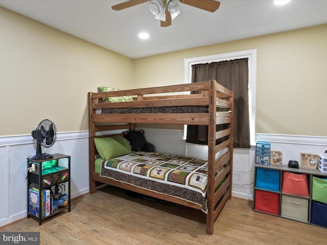 55 Powell Ln, Front Royal, VA 22630 - bedroom featuring a wainscoted wall, wood finished floors, ceiling fan, and recessed lighting