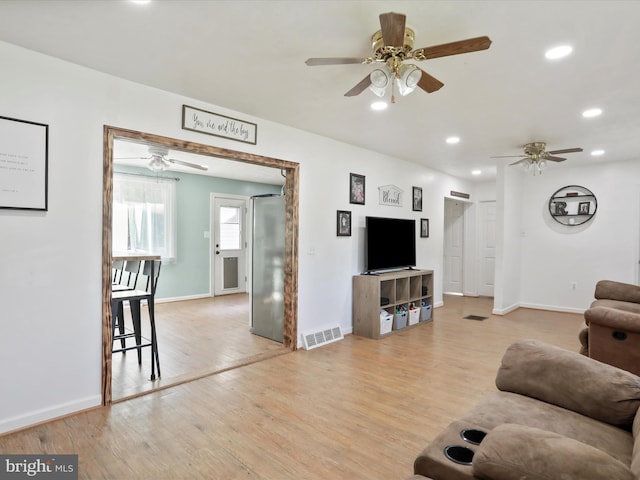 55 Powell Ln, Front Royal, VA 22630 - living room with a ceiling fan, recessed lighting, light wood finished floors, and baseboards