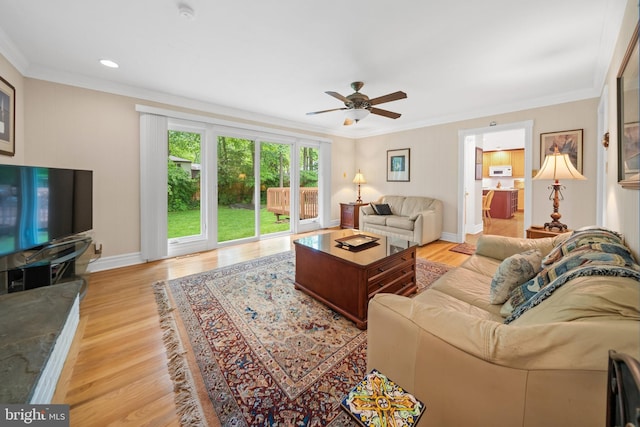 205 Hitching Post Dr, Wilmington, DE 19803 - living room featuring ceiling fan, light wood-type flooring, ornamental molding, baseboards, and recessed lighting