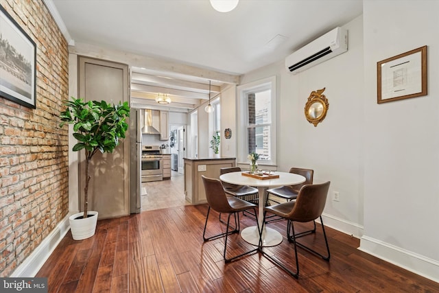3182 Miller St, Philadelphia, PA 19134 - dining area featuring a wall unit AC, dark wood-style flooring, baseboards, brick wall, and beam ceiling
