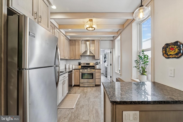3182 Miller St, Philadelphia, PA 19134 - kitchen featuring stainless steel appliances, wall chimney range hood, beamed ceiling, light wood-style flooring, and tasteful backsplash