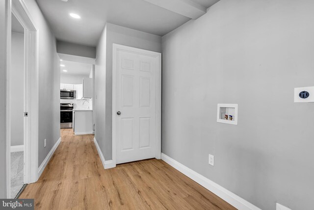 19 E Main St, Salem, NJ 08079 - laundry area with washer hookup, light wood finished floors, baseboards, electric dryer hookup, and recessed lighting
