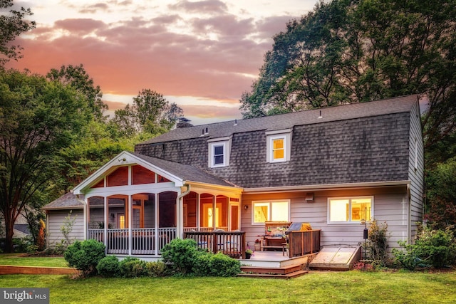 723 Forest Ridge Dr, Great Falls, VA 22066 - back of house at dusk featuring roof with shingles, a lawn, and a chimney