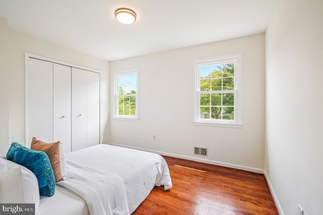 bedroom with multiple windows, baseboards, wood finished floors, and a closet